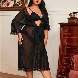 Black Eyelash Lace Drop Shoulder Belted Mesh Robe